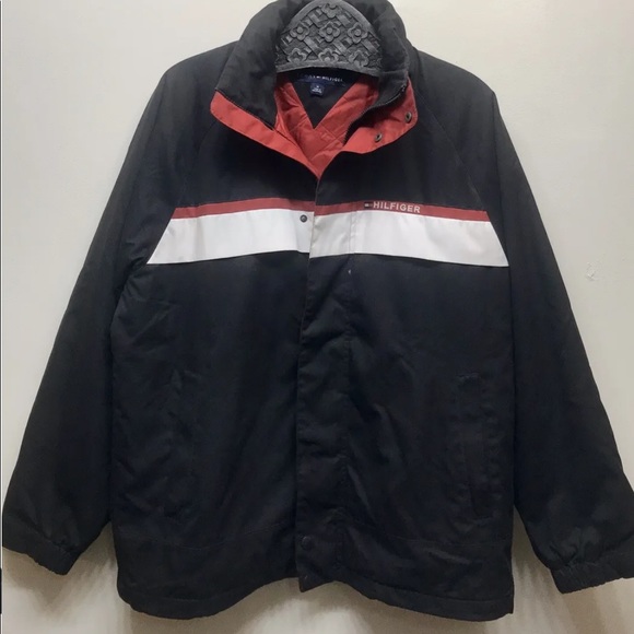 Tommy Hilfiger Men’s Sport Coat Windbreaker Detachable Hood Black Red White M - Picture 2 of 12